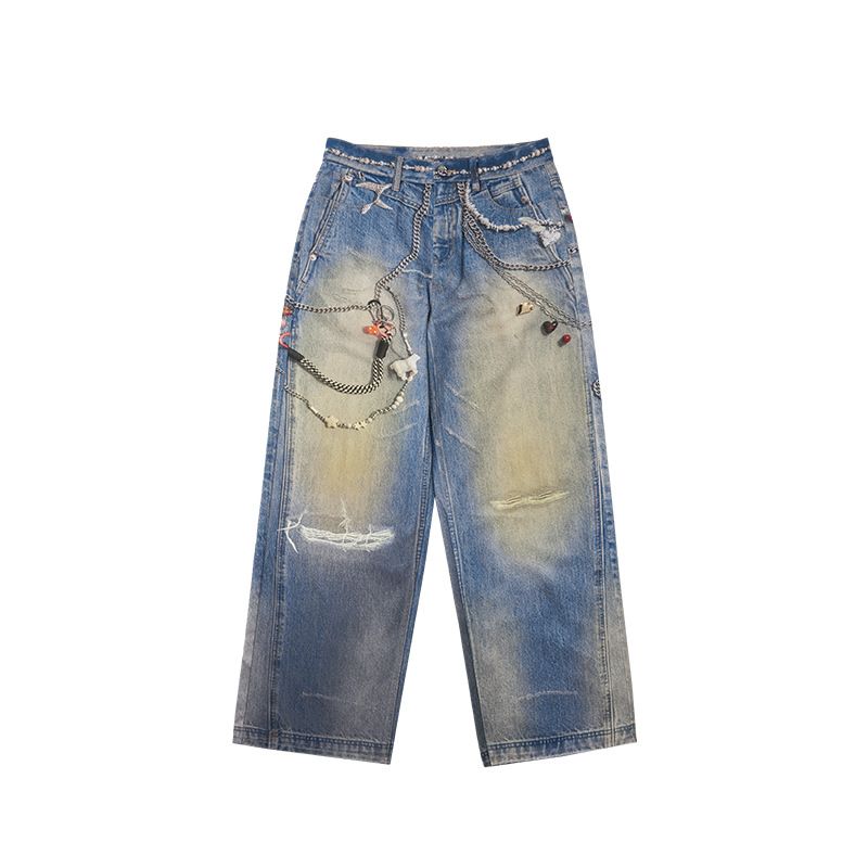 Men's Clothing Chain Digital Printed Jeans Autumn And Winter New Street Loose Straight Trousers_viptrois.com