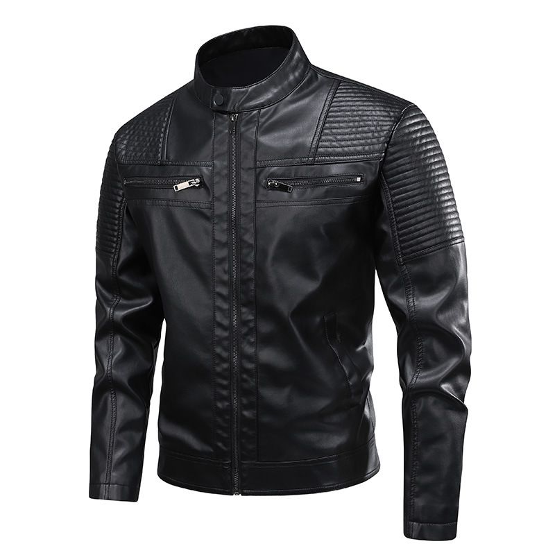 Men's Clothing Men's Pu Retro Leather Jacket Stand Collar Motorcycle Style With Velvet Lining_viptrois.com