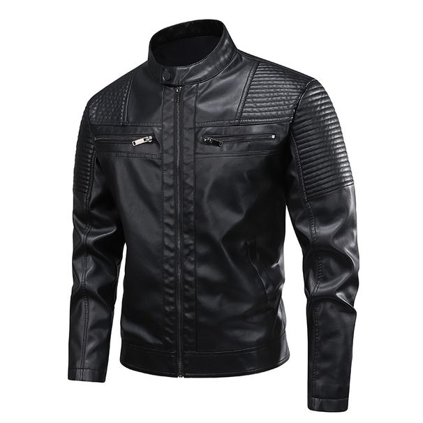 Men's Clothing Men's Pu Retro Leather Jacket Stand Collar Motorcycle Style With Velvet Lining_viptrois.com