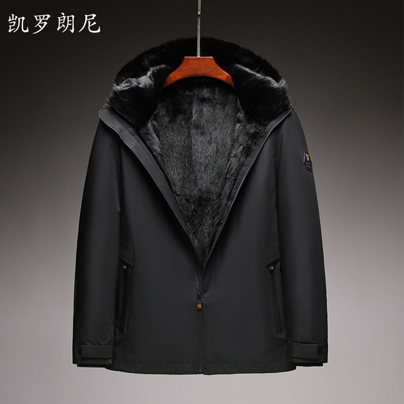 Men's Mid Length Parka With Detachable Mink Fur Lining, Fur And Leather Nylon Coat_viptrois.com