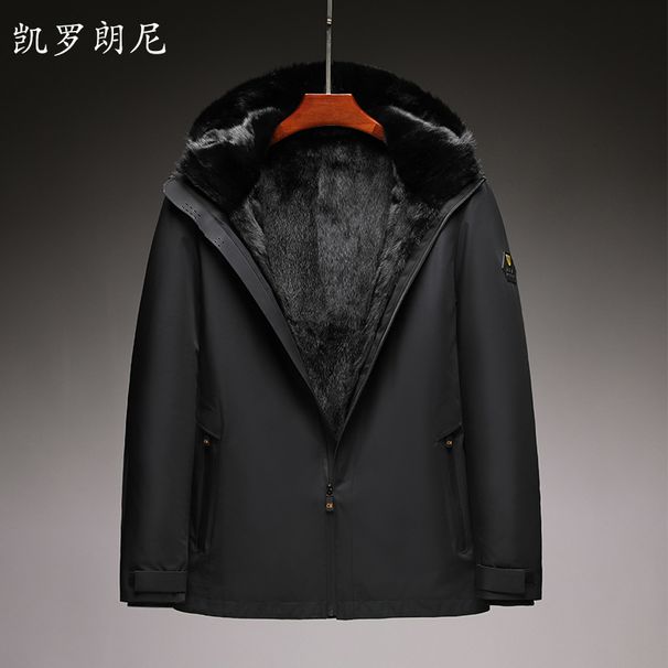 Men's Mid Length Parka With Detachable Mink Fur Lining, Fur And Leather Nylon Coat_viptrois.com