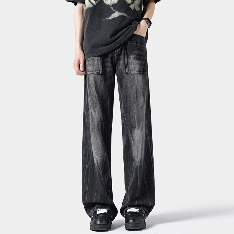 American-style Washed Cool Men's Jeans, Trendy Brand, Loose Fit, Lightning Pattern, Straight-leg Pants, High Street_viptrois.com