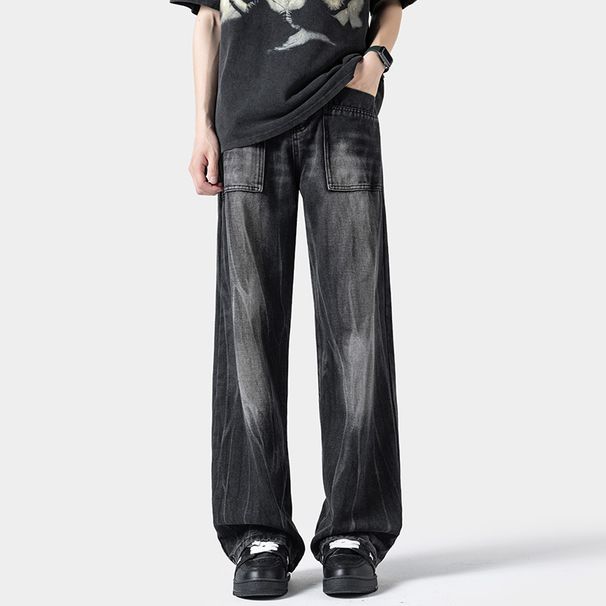 American-style Washed Cool Men's Jeans, Trendy Brand, Loose Fit, Lightning Pattern, Straight-leg Pants, High Street_viptrois.com