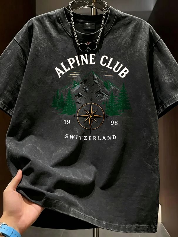 Vintage Washed T-Shirt, Men's Retro Wilderness Forest & Compass Graphic, Hiking Outdoor Style, Casual Loose Street Tee_viptrois.com