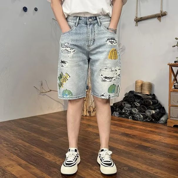 Men's Clothing Washed Ripped Denim Shorts Men's Loose Straight Ink Splash Hiphop Casual Five Point Pants_viptrois.com