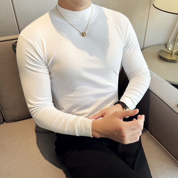 High-Quality Autumn Winter Half Turtleneck Stretch Long Sleeve Cotton Slim Fit Mid-Neck T-Shirt Korean Style Men's White_viptrois.com