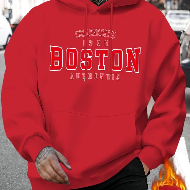 Men's Autumn And Winter Casual Fashion Loose Hooded Sweatshirt Boston Letter Pattern Print Warm Long Sleeved Pullover_viptrois.com