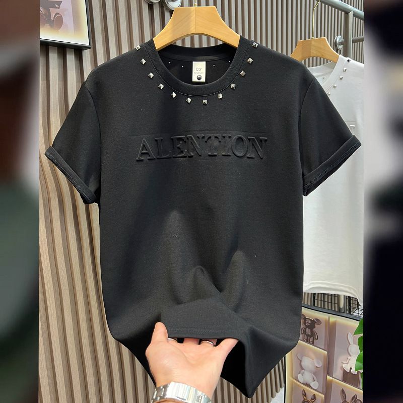 Men's Clothing Summer New Style Trendy Rivet Stamped Loose Round Neck Short Sleeve T Shirt Men's Fashionable All Match Casual Tops_viptrois.com