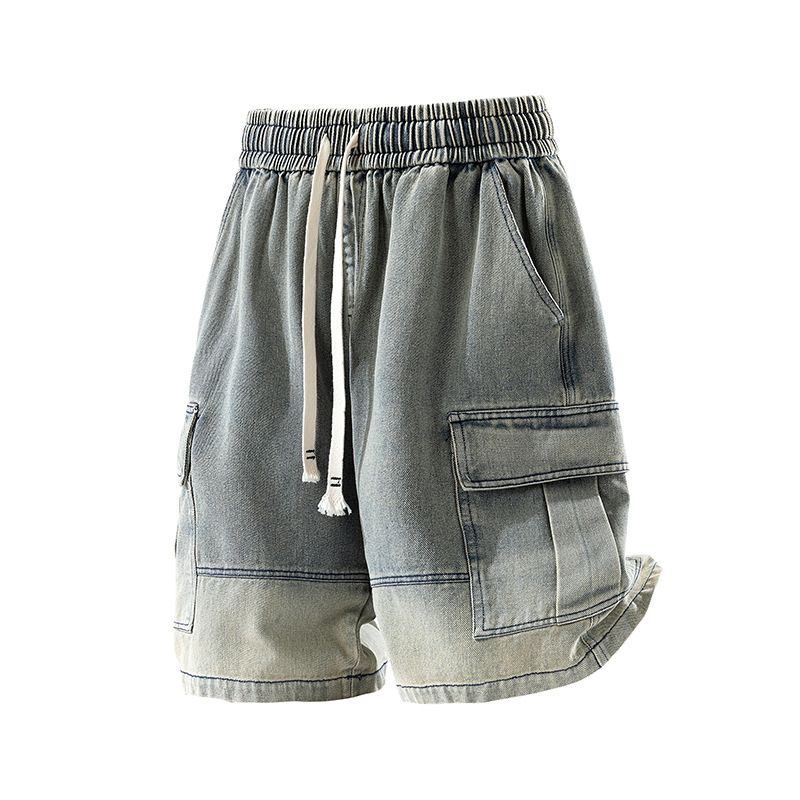 Summer Men's Five Point Denim Shorts Workwear Style Versatile Casual Elastic Waistband_viptrois.com