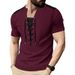 Men's New Summer T-shirt Casual Lace-up Design Waffle Cardigan Loose Short-sleeved Tops_viptrois.com
