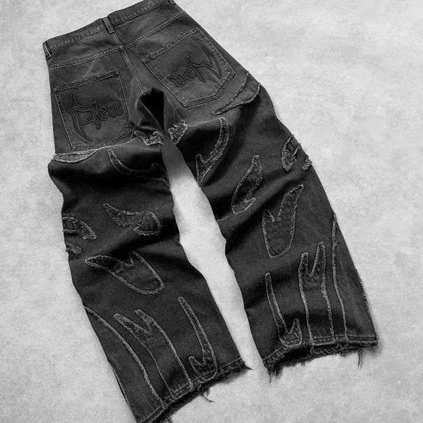 Men's Clothing Retro Country High Setting Retro Black Patchwork Hole Jeans Hip Hop_viptrois.com