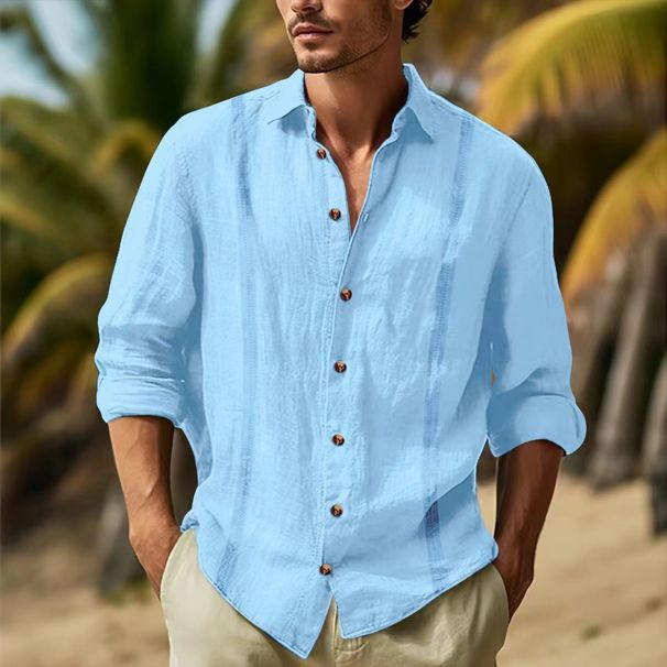 Men's Clothing Spring And Autumn New Solid Color Cotton And Linen Blended Collage Lapel Long Sleeved Daily Casual Men's Shirt_viptrois.com