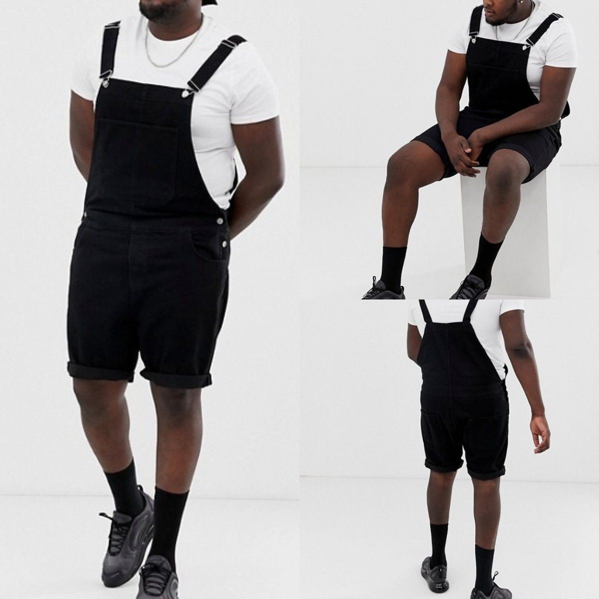 Men's Clothing Large Size Retro Men's Denim White Black Circle Shorts One Piece Overalls_viptrois.com