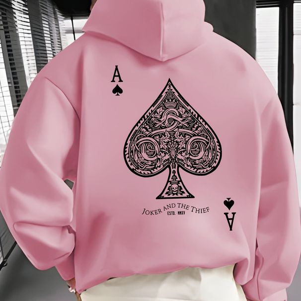 Men's Autumn And Winter Casual Fashionable Loose Hooded Sweatshirt With Geometric Spade Print Warm Long Sleeved Pullover_viptrois.com