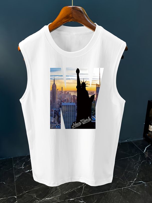 100% Pure Cotton Men's Summer Casual Sports Fitness Loose New York NY Pattern Printed Breathable Round Neck Sleeveless Vest_viptrois.com