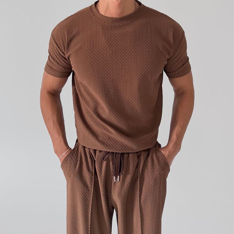 Men's Clothing Spring And Summer New Texture Round Neck T Shirt Tops Casual Shorts Fashion Suit_viptrois.com