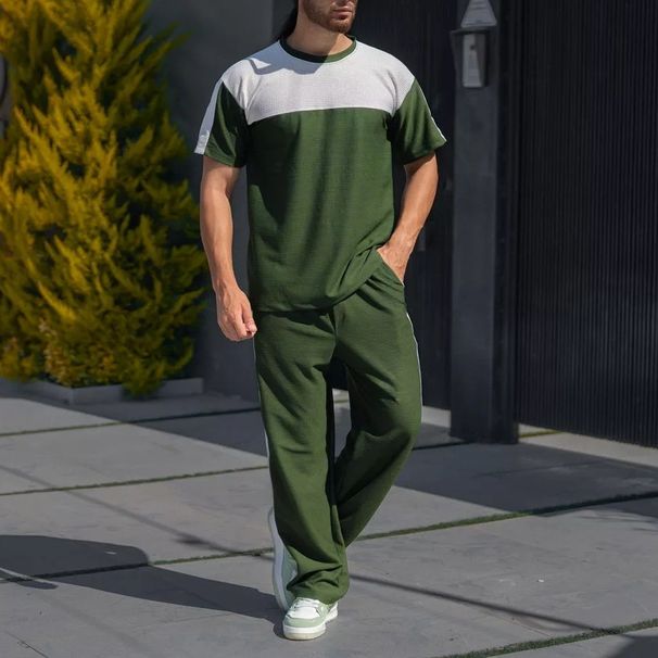 "Men's Color Block Waffle Knit Short Sleeve Set – Breathable Loose Fit Crew Neck T-Shirt & Casual Pants (Black/Khaki/Grey/Green, Sizes S-XXXL)"_viptrois.com