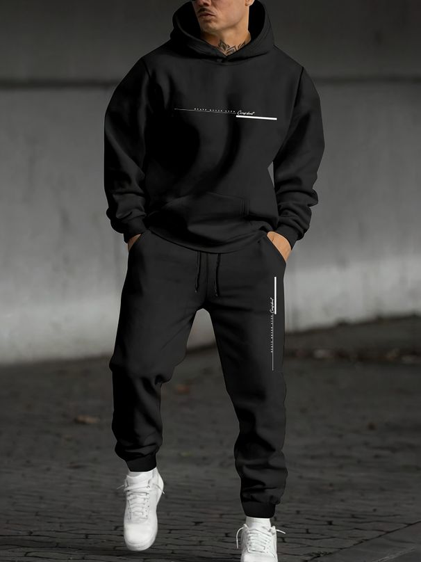 Men's Autumn And Winter Casual Fashion Letter Printed Loose Plush Thick Hooded Sweatshirt+sweatpants Set_viptrois.com