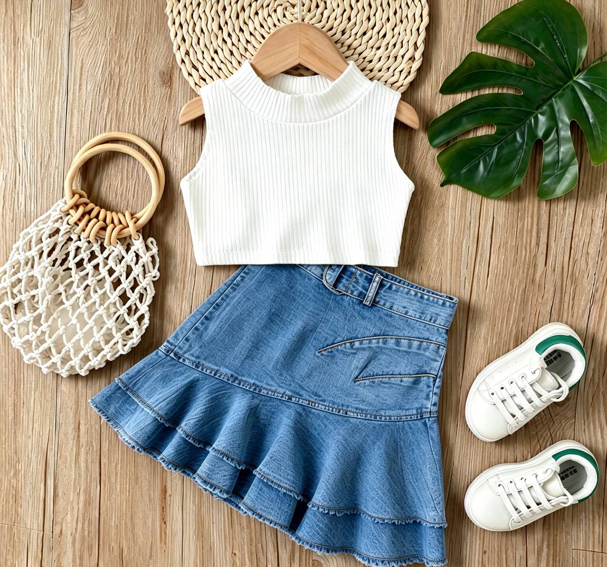 Mother & Kids Children's Clothing Girls Solid Color Waistcoat Sleeveless Top Denim Open Pocket Pleated Skirt Suit_viptrois.com