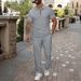 Men's Clothing New Men's Solid Color Jacquard Lapel Button Short Sleeved Polo Shirt Trousers Casual Suit_viptrois.com