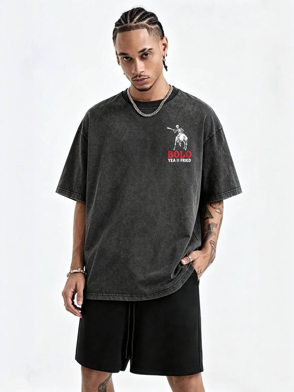 230g Vintage Washed Men T-shirt Skeleton Horseman Graphic With Red White Letter Print Crew Neck Short Sleeve Streetwear Top_viptrois.com