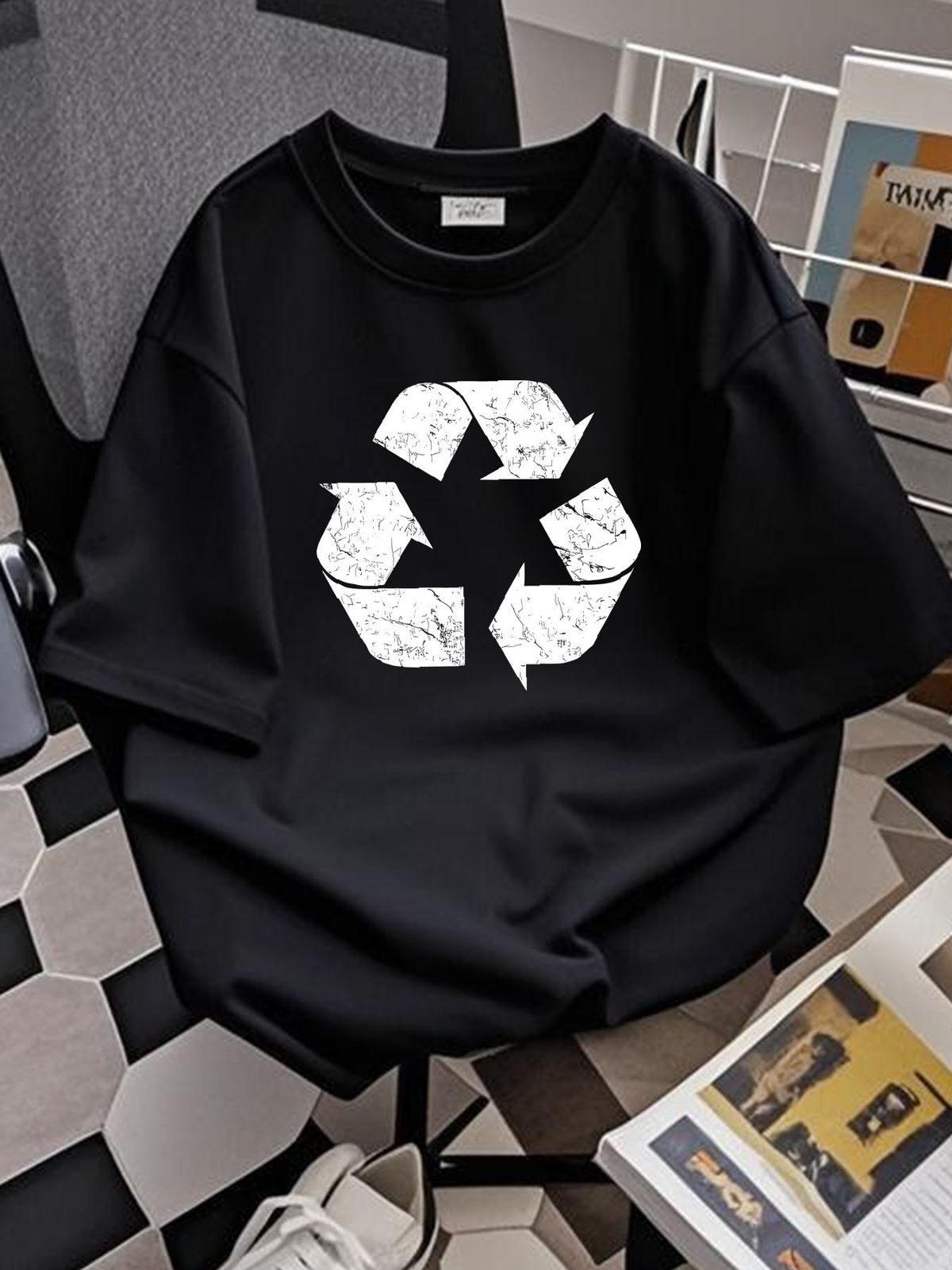 Vintage Recycle Logo Unisex Cotton T-Shirt Casual Streetwear Stretched Summer Slightly Soft Homme Comfortable Versatile Graphic Breathable Fashion_viptrois.com