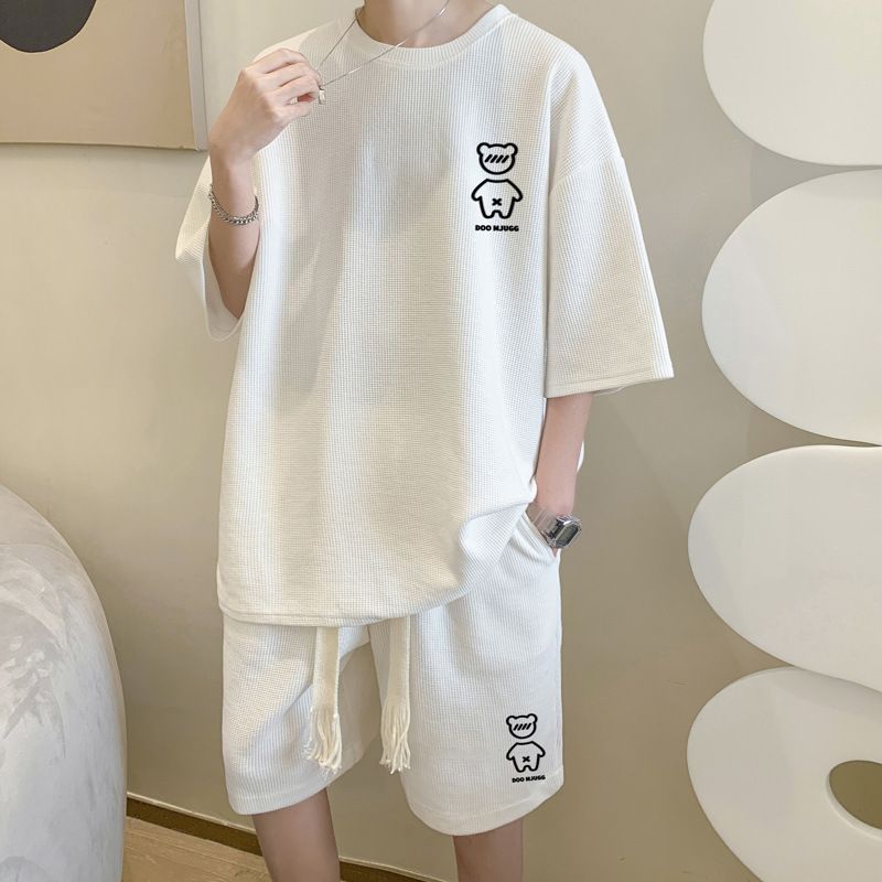 Men's Clothing Summer New Waffle Sports Suit Bear Men's T Shirt Shorts Two Piece Suit Large Size_viptrois.com