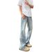 American High Street Vibe High-waisted For Men, Spring Vintage Blue Curved Cut Jeans, Washed Straight-leg Flared Pants_viptrois.com