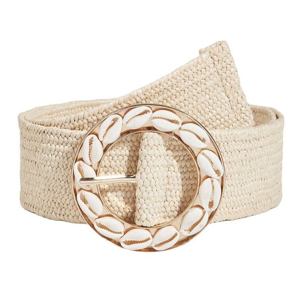 Women's Belts New Beach Holiday Style Alloy Shell Inlaid Round Buckle Pp Straw Woven Ladies Decorative Belt_viptrois.com