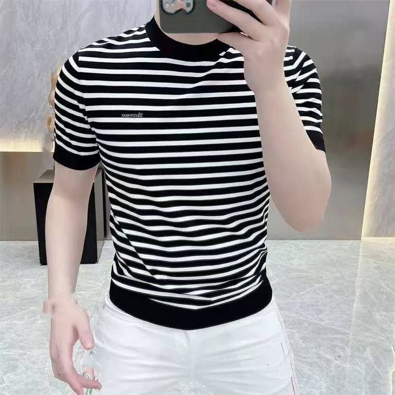 Summer 2025 Trendy Striped Men's Short-sleeved Ice Silk European Brand Round-neck T-shirt Men_viptrois.com