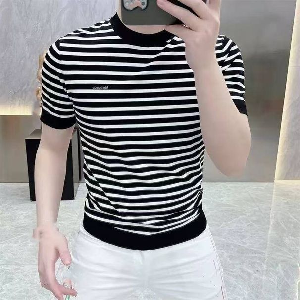 Summer 2025 Trendy Striped Men's Short-sleeved Ice Silk European Brand Round-neck T-shirt Men_viptrois.com