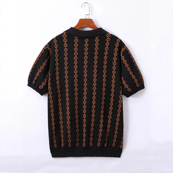 Men's Retro Style Short Sleeve Polo Shirt Casual Knit Top With Dark Diamond Pattern Jacquard Design Summer Wear_viptrois.com