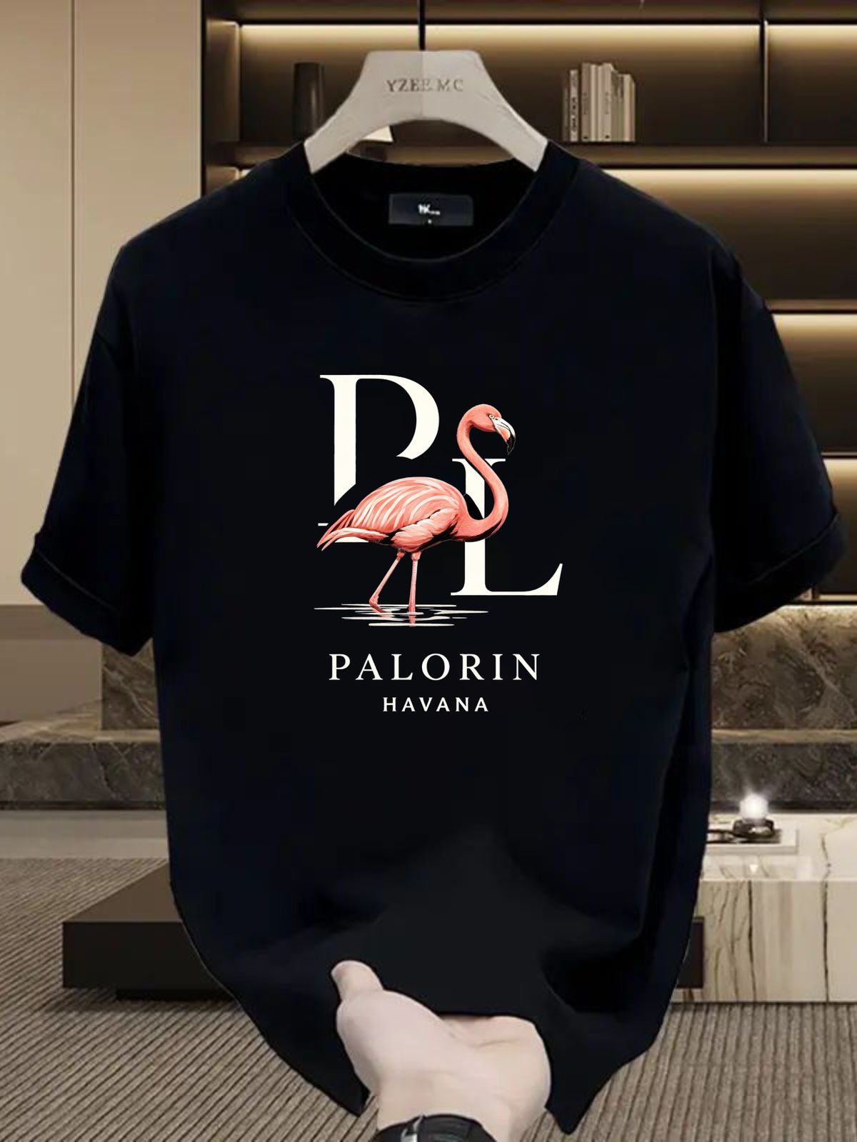 Men's 100% Cotton PL Flamingo Print Tee, PALORIN HAVANA Light Luxury Casual Round Neck Caribbean Vintage Short Sleeve T-shirt_viptrois.com