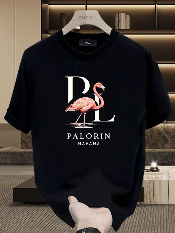 Men's 100% Cotton PL Flamingo Print Tee, PALORIN HAVANA Light Luxury Casual Round Neck Caribbean Vintage Short Sleeve T-shirt_viptrois.com