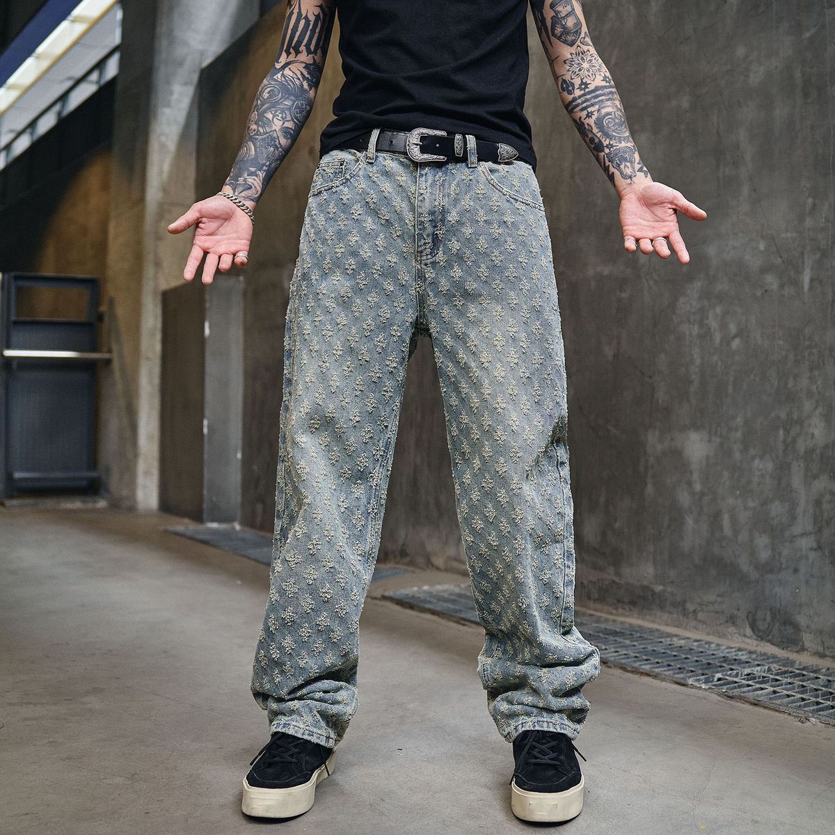 Men's Clothing Print High Street Fashion Brand Ins Design Jeans Loose Straight Washed Wide Leg Long Pants_viptrois.com