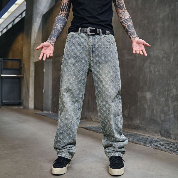Men's Clothing Print High Street Fashion Brand Ins Design Jeans Loose Straight Washed Wide Leg Long Pants_viptrois.com