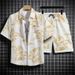 shope Casual Short Sleeve Floral Shirt Loose Fit Men's Summer Sanya Beachwear Couple Shorts Matching Two-Piece Set_viptrois.com