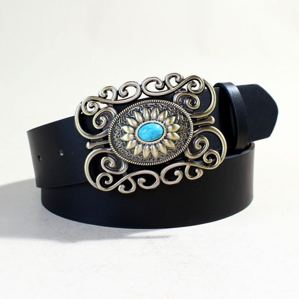 Wide Leather Belt For Women Retro Palace Style Sapphire Inlaid Oval Western Buckle Ladies Black Pants Belt_viptrois.com