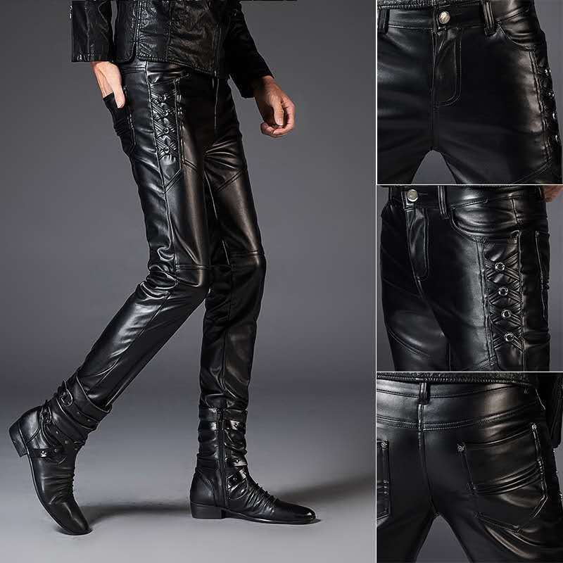 Men's Clothing Cycling Leather Pants Men's Leather Pants Trendy Slim Fit Motorcycle PU Leather Pants_viptrois.com