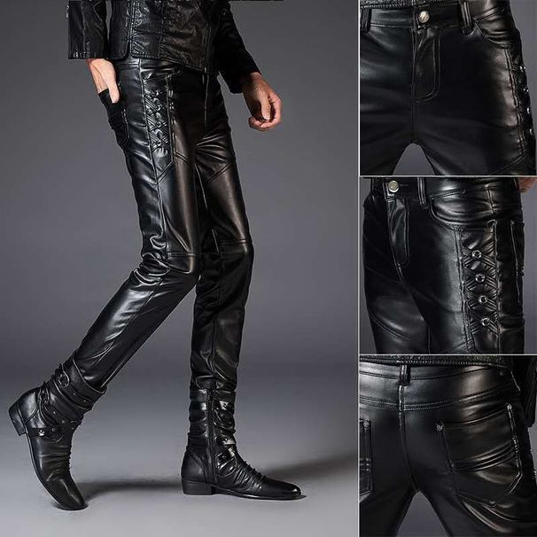 Men's Clothing Cycling Leather Pants Men's Leather Pants Trendy Slim Fit Motorcycle PU Leather Pants_viptrois.com