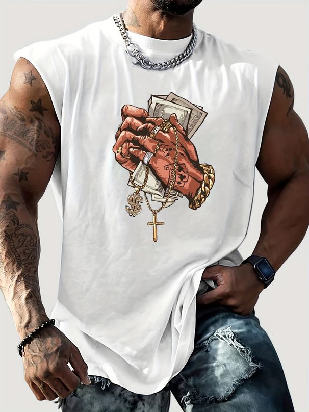 100% Pure Cotton Men's Summer Casual Sports Fitness Loose Pattern Printed Breathable Round Neck Sleeveless Vest_viptrois.com