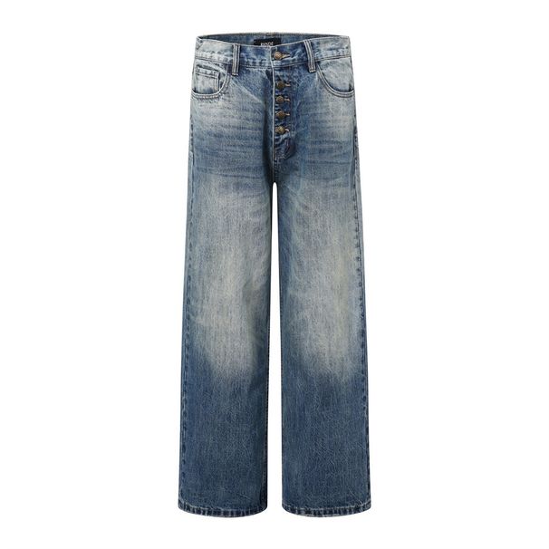 Gradient Washed Denim Straight Street Style Punk Vintage Loose Wide-Leg Long Button Front Casual Pants For Men_viptrois.com
