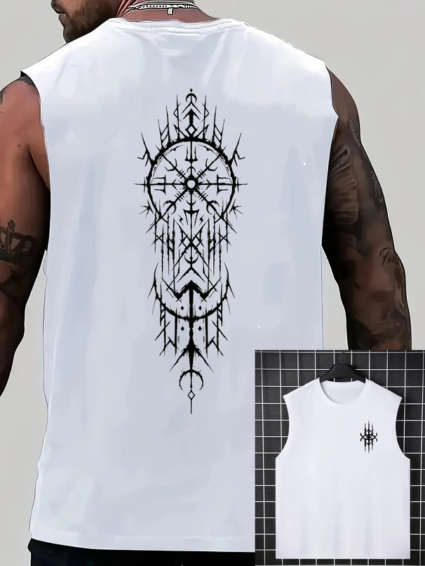 100% Pure Cotton Men's Summer Casual Sports Fitness Loose Nordic Rune Printed Breathable Round Neck Sleeveless Vest_viptrois.com