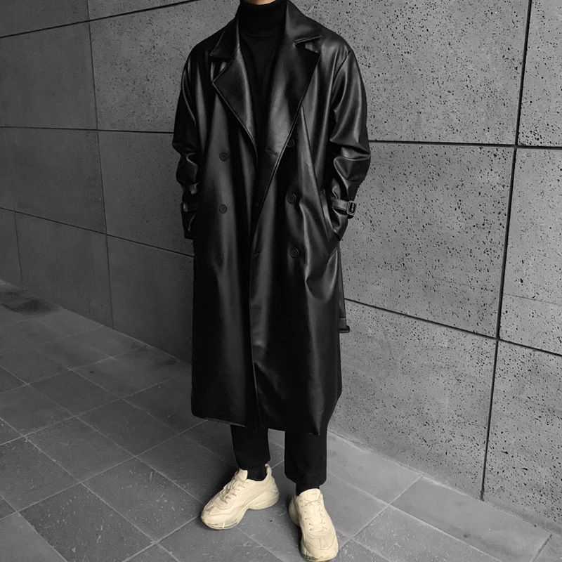 Men's Clothing Solid Color Long Leather Coat Coat Loose Trench Coat Fashion Coat_viptrois.com