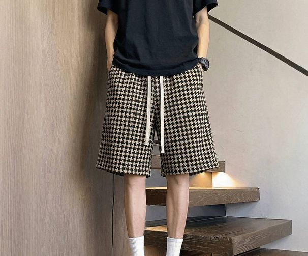 Men's Fashion Houndstooth Print Summer Shorts Casual High Street Loose Fit Five Point Leg Pants Trendy Retro Loungewear_viptrois.com