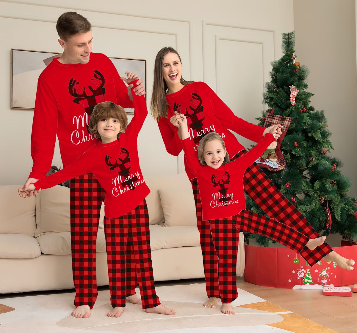 Christmas Alphabet plaid Fawn Christmas family dress printed homestay pajamas_viptrois.com
