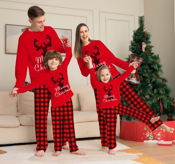 Christmas Alphabet plaid Fawn Christmas family dress printed homestay pajamas_viptrois.com