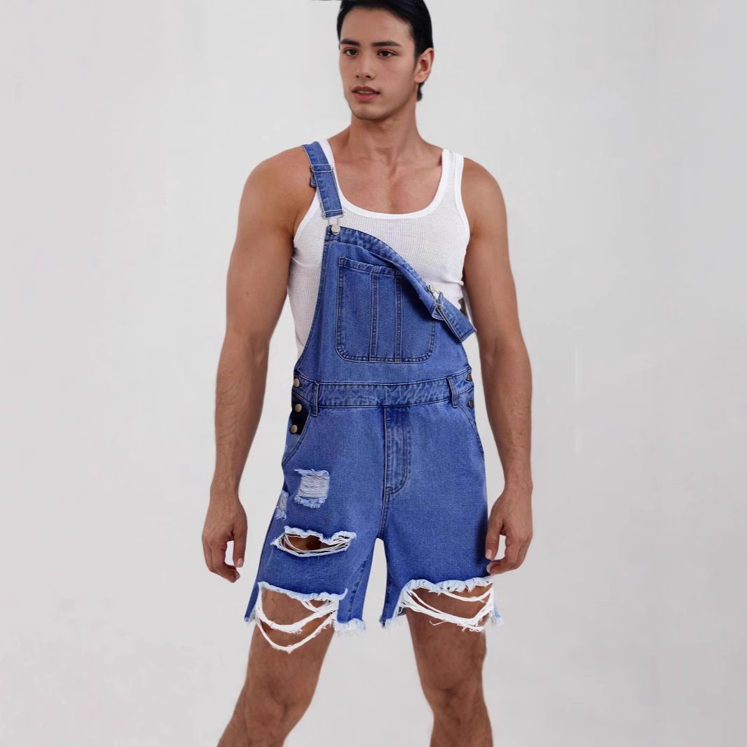 Men's Clothing Casual Fashion Ripped Denim Bib Shorts_viptrois.com