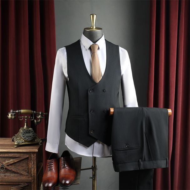 "Men's Premium Navy Blue Double-Breasted Suit Set - Wrinkle-Resistant Wedding & Business Outfit With Subtle Pinstripes"_viptrois.com