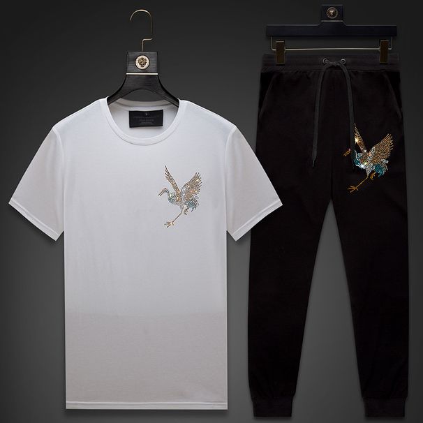 Men's Clothing new men's suit mature style hot diamond crane simple fashion short sleeved T shirt men's trousers_viptrois.com